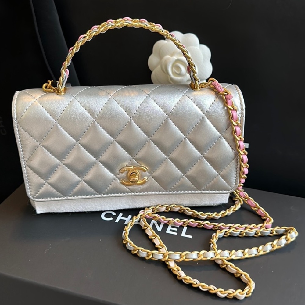 NTW CHANEL METALLIC LAMB SKIN MINI FLIP BAG WITH TOP HANDLE